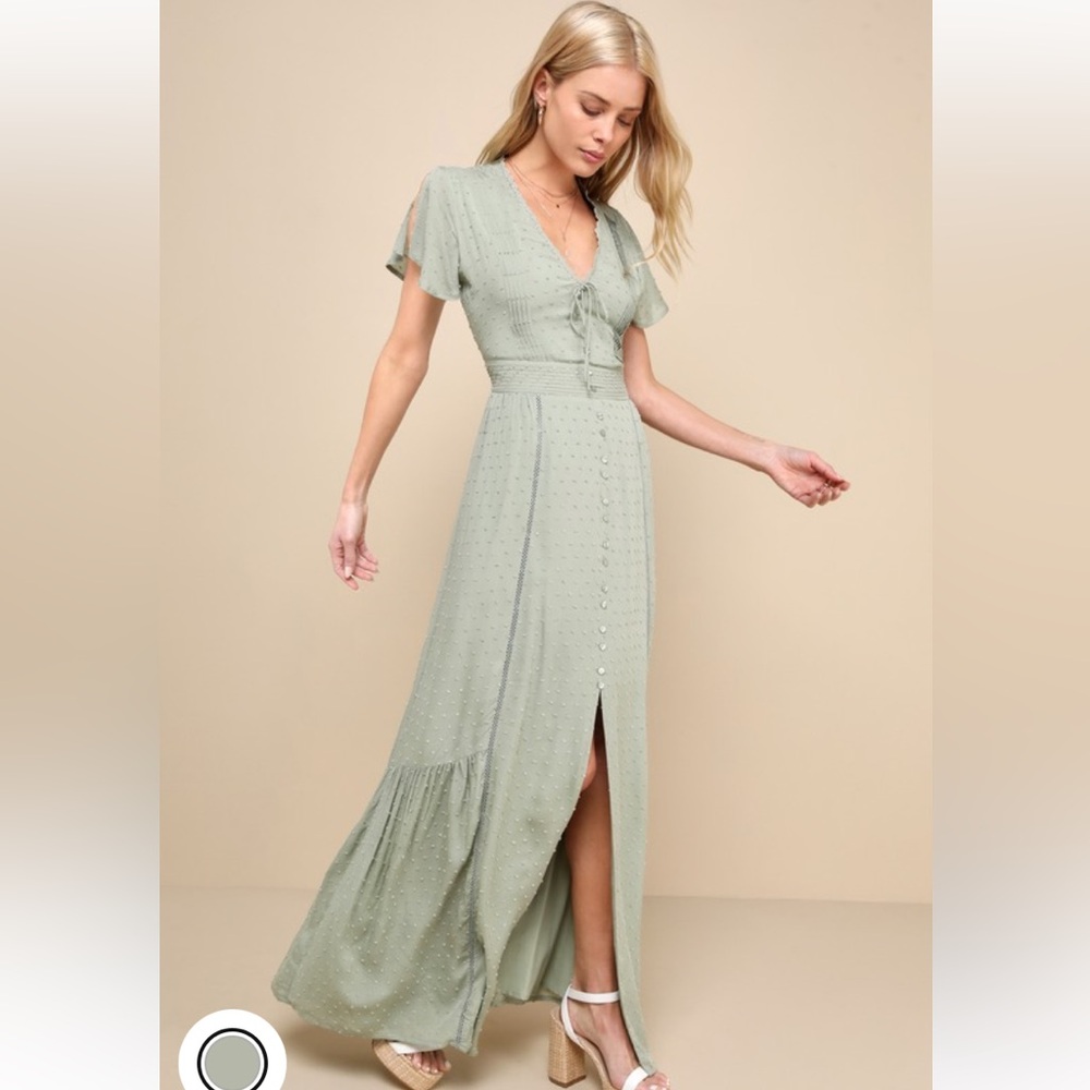 Completely In Love Sage Green Swiss Dot Button-Front Maxi Dress